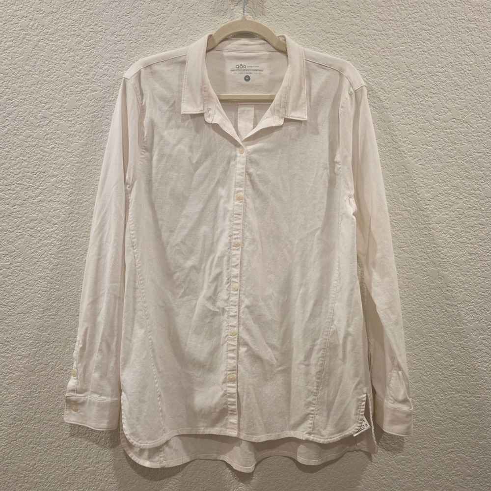 QOR Womens Size MWhite Cotton Tencel Blend Button Down Shirt Long Sleeve Clean